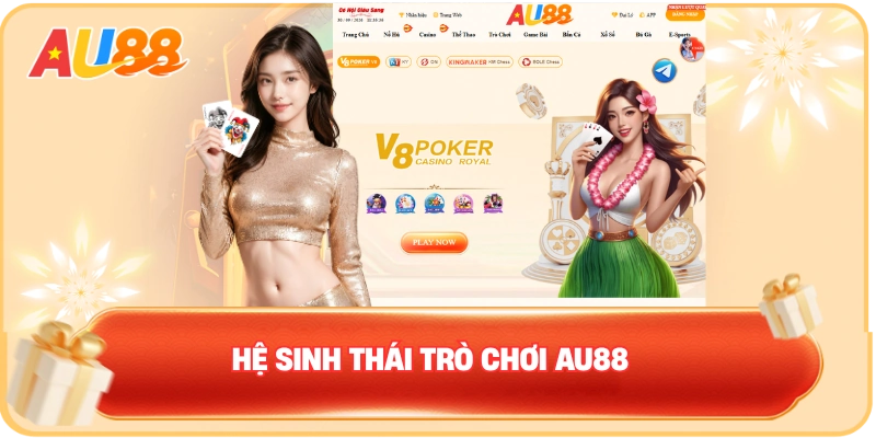 Hệ sinh thái trò chơi AU88 gồm thể thao Live Casino slot nổ hũ bắn cá game bài và xổ số